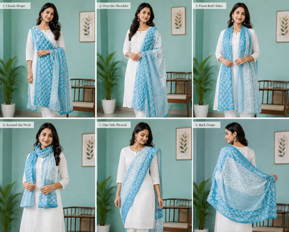 Sky Blue Cotton Block Print Dupatta for Women | Traditional Ethnic Stole (1 PC DUPATTA)