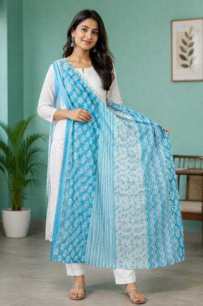 Sky Blue Cotton Block Print Dupatta for Women | Traditional Ethnic Stole (1 PC DUPATTA)