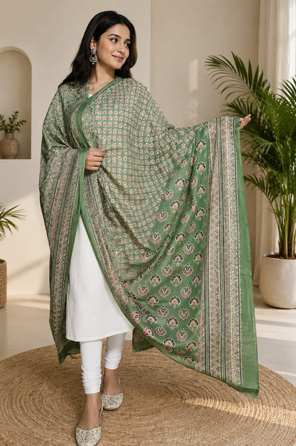 Sage Green Traditional Block Print Cotton Dupatta for Women