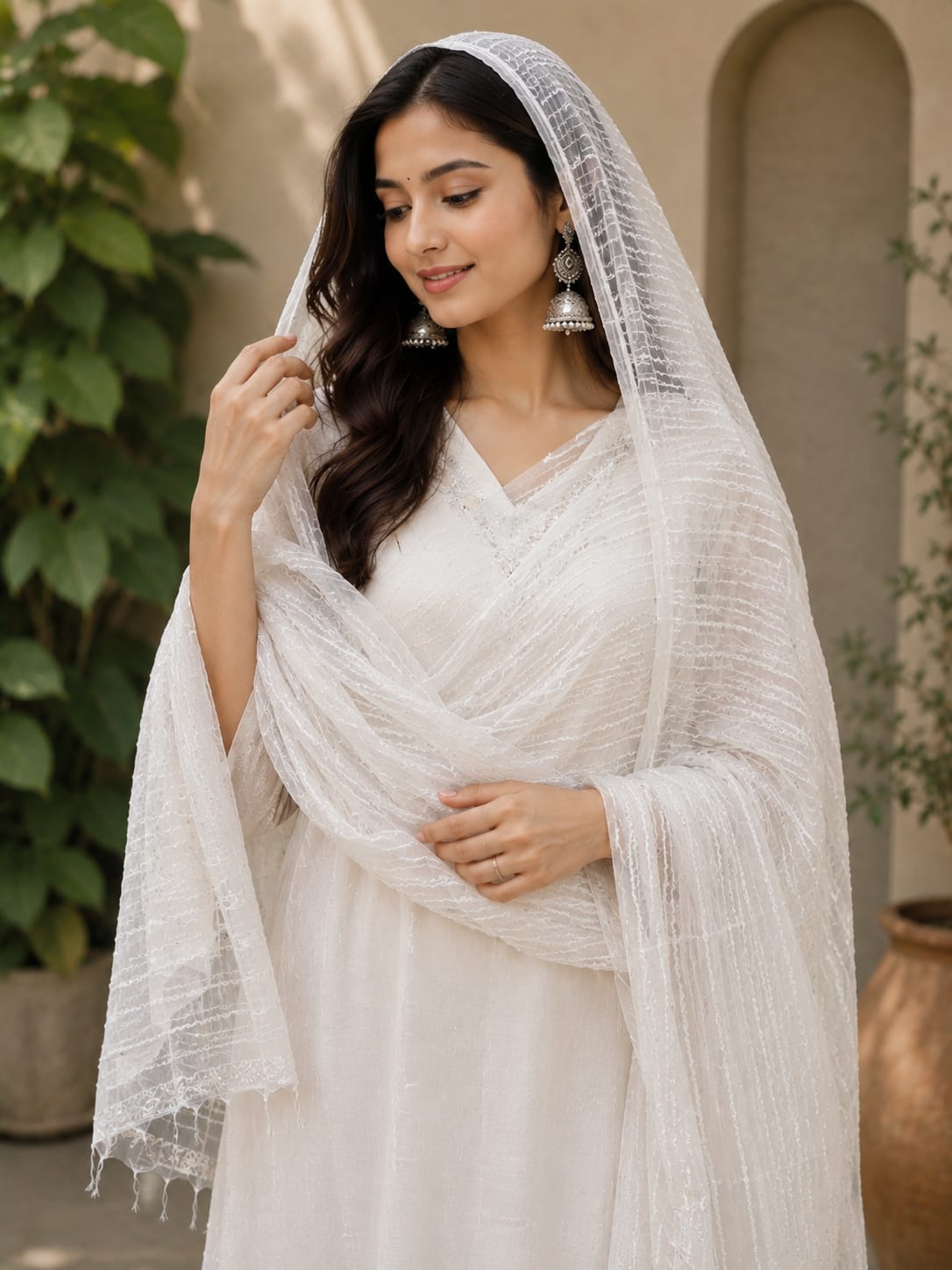 Elegant White Textured Net Dupatta with Delicate Fringed Edges