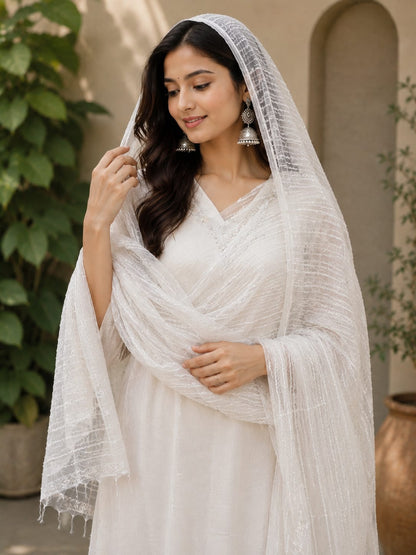 Elegant White Textured Net Dupatta with Delicate Fringed Edges