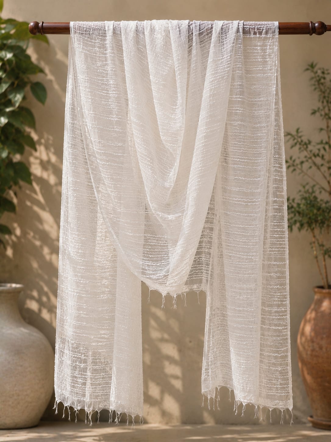 Elegant White Textured Net Dupatta with Delicate Fringed Edges