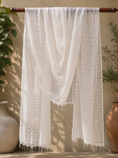 Elegant White Textured Net Dupatta with Delicate Fringed Edges