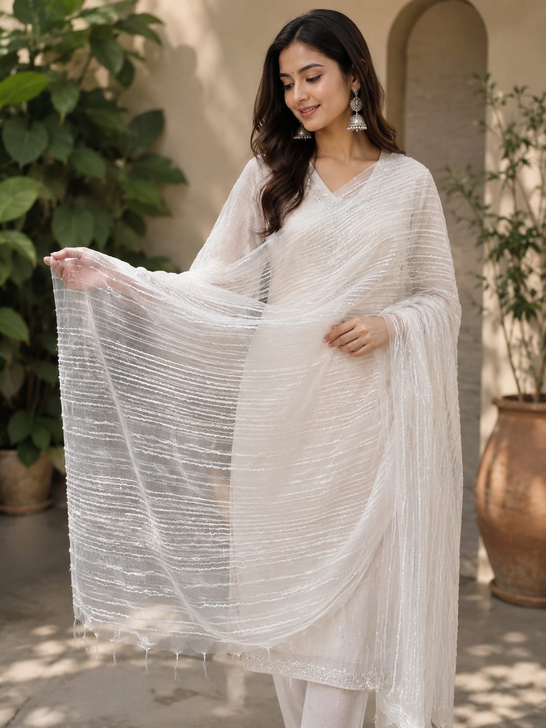 Elegant White Textured Net Dupatta with Delicate Fringed Edges