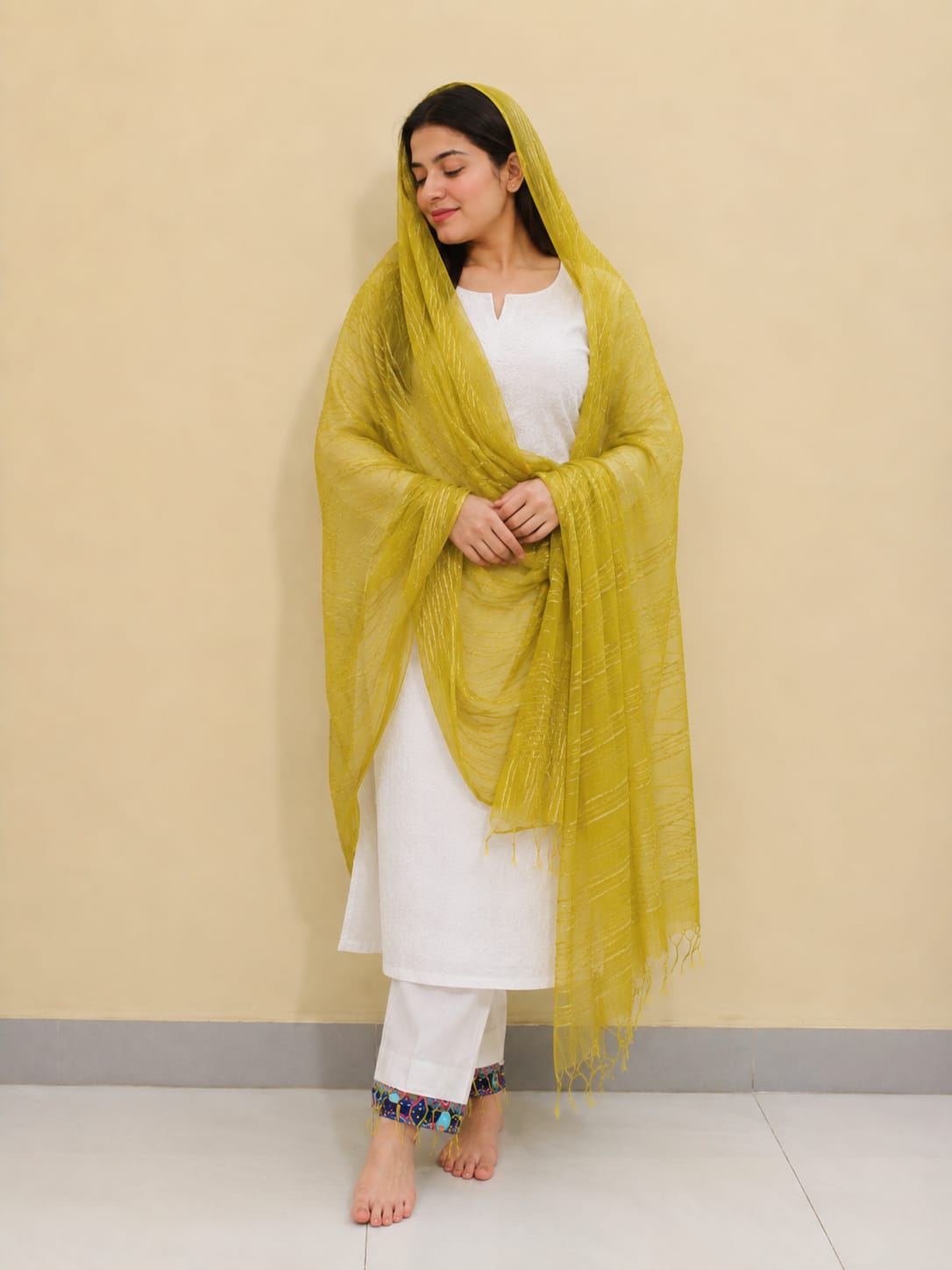 Women's Lime Yellow Striped Sheer Net Dupatta with Tassels