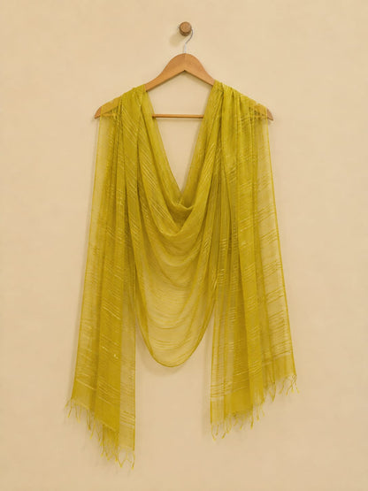 Women's Lime Yellow Striped Sheer Net Dupatta with Tassels