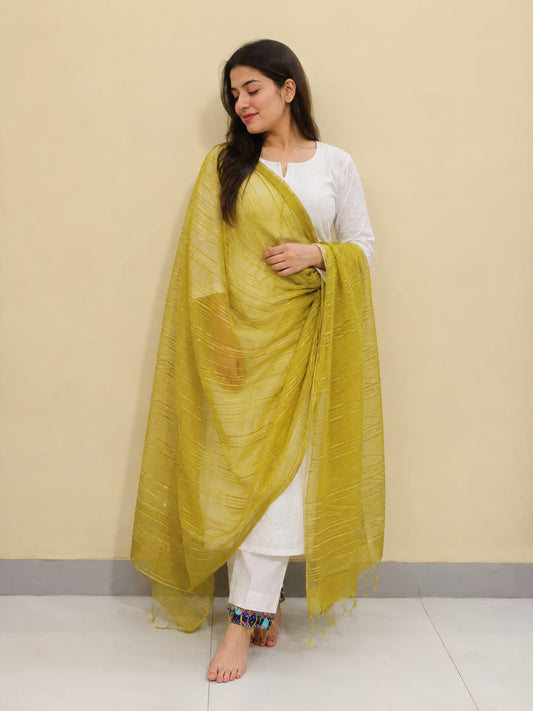 Women's Lime Yellow Striped Sheer Net Dupatta with Tassels