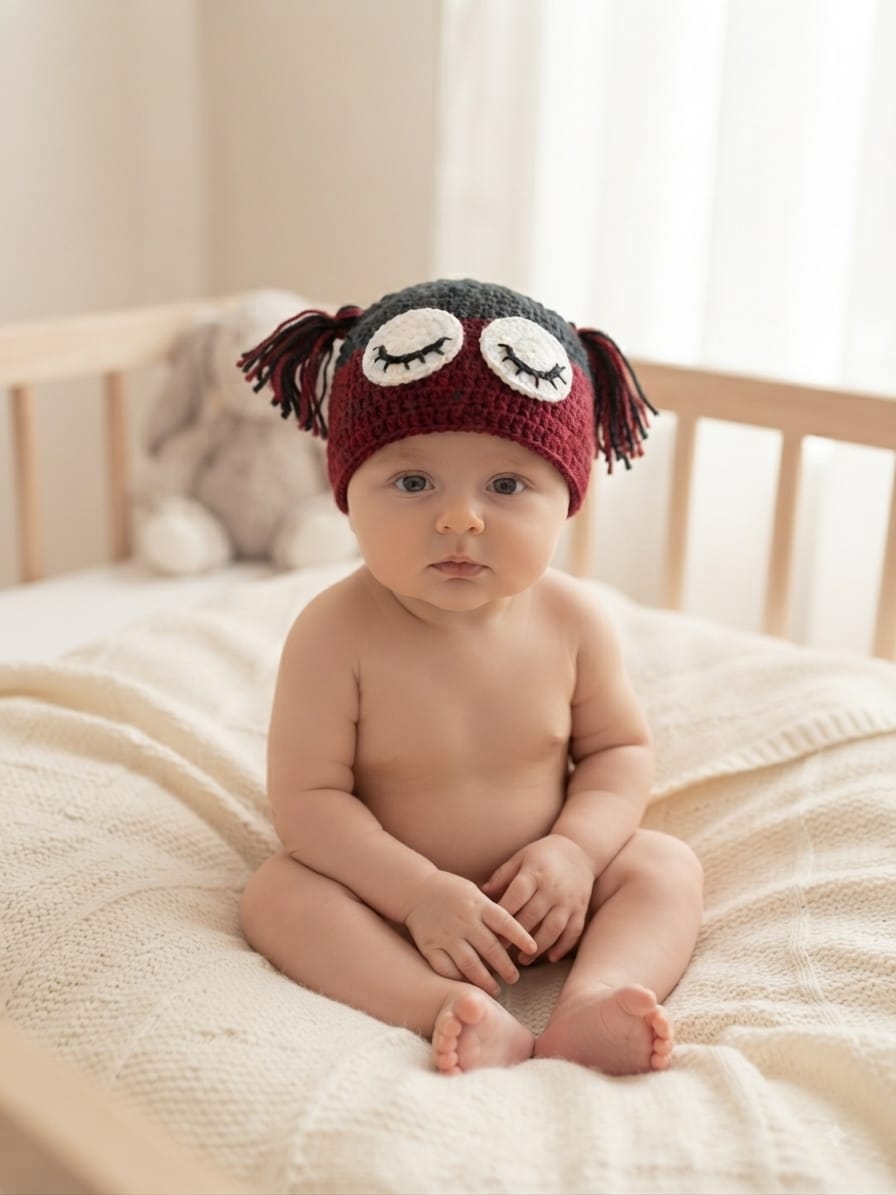 Handmade Crochet Woolen Baby Cap – Owl Eye Design with Tassels