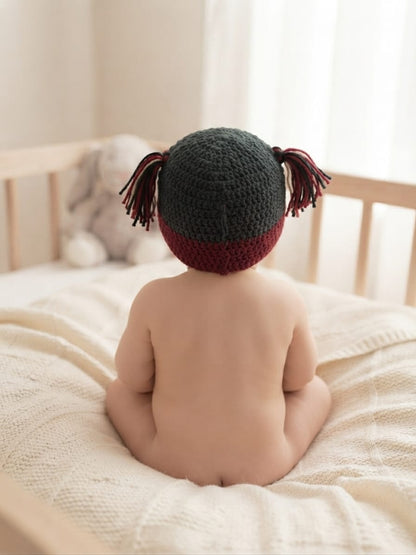 Handmade Crochet Woolen Baby Cap – Owl Eye Design with Tassels