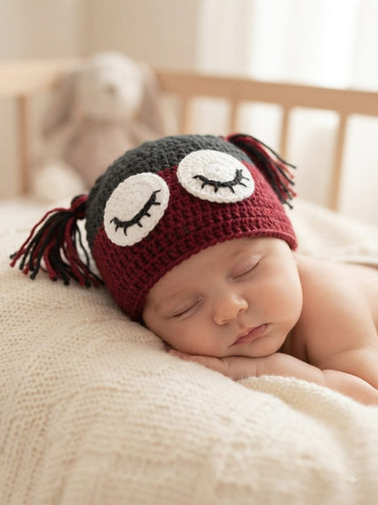 Handmade Crochet Woolen Baby Cap – Owl Eye Design with Tassels