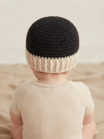 Handmade Crochet Woolen Baby Cap – Black & White Color-Block Beanie