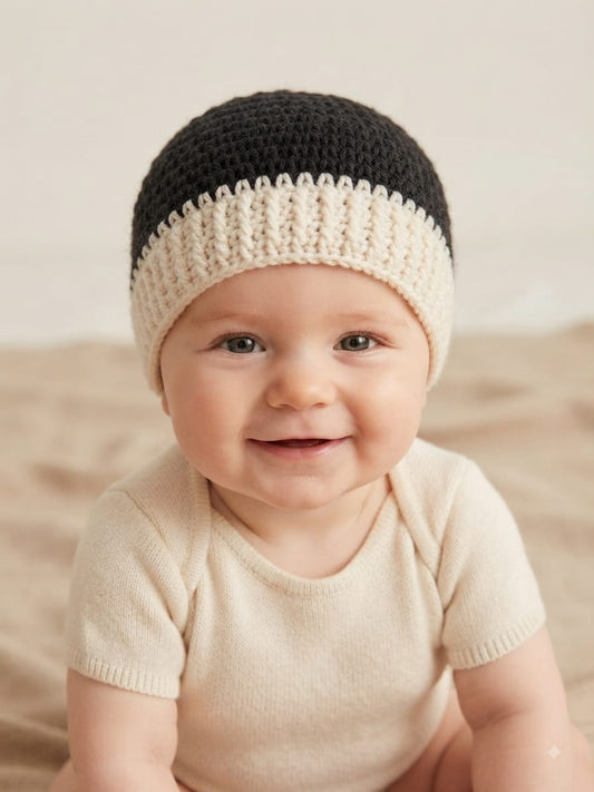 Handmade Crochet Woolen Baby Cap – Black & White Color-Block Beanie
