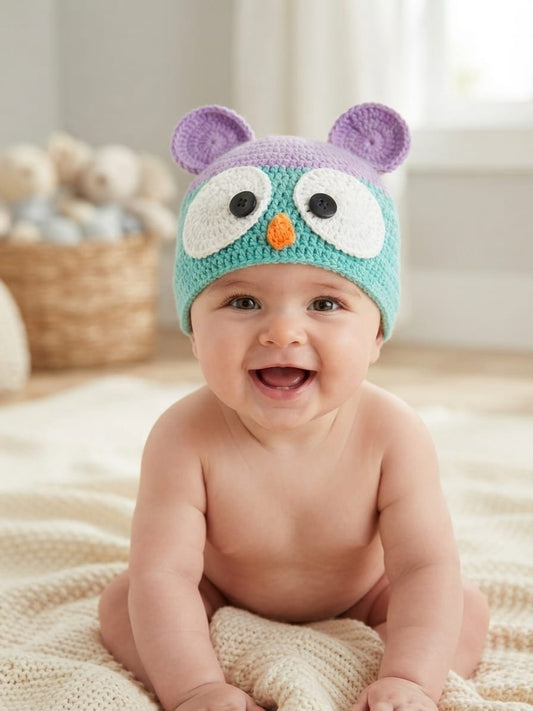 Handmade Crochet Owl Baby Cap – Teal, Purple & GREEN Beanie