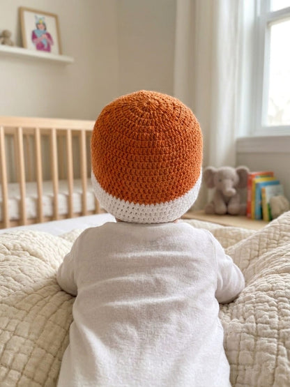 Handmade Crochet Woolen Baby Beanie – Rust & White Color-Block