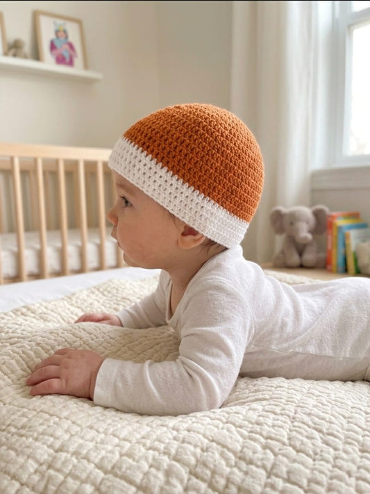 Handmade Crochet Woolen Baby Beanie – Rust & White Color-Block