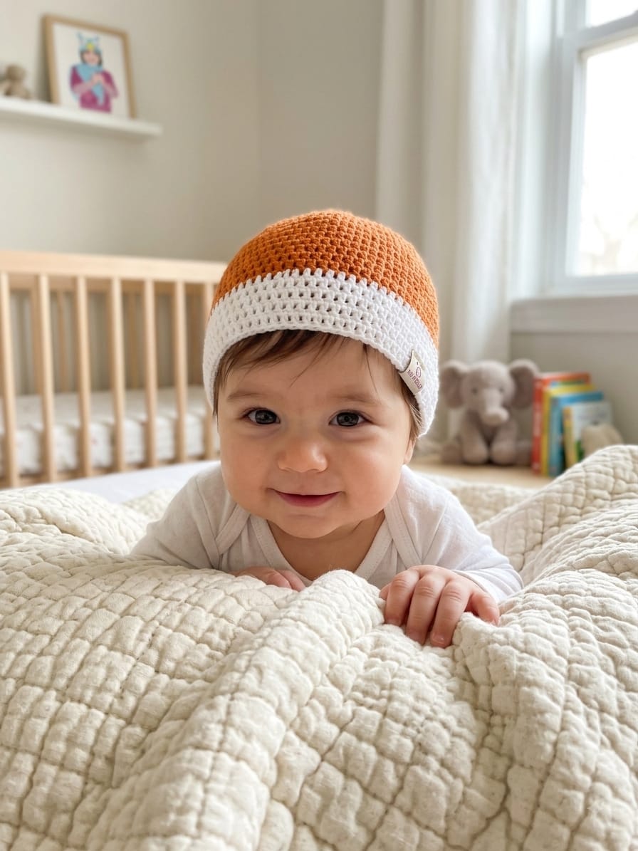 Handmade Crochet Woolen Baby Beanie – Rust & White Color-Block