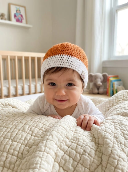 Handmade Crochet Woolen Baby Beanie – Rust & White Color-Block