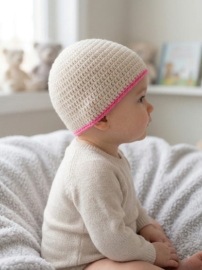 Handcrafted Crochet Woolen Baby Cap with Pink Flower Accent