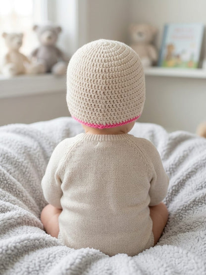 Handcrafted Crochet Woolen Baby Cap with Pink Flower Accent