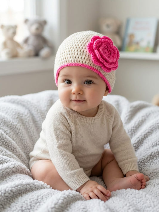 Handcrafted Crochet Woolen Baby Cap with Pink Flower Accent