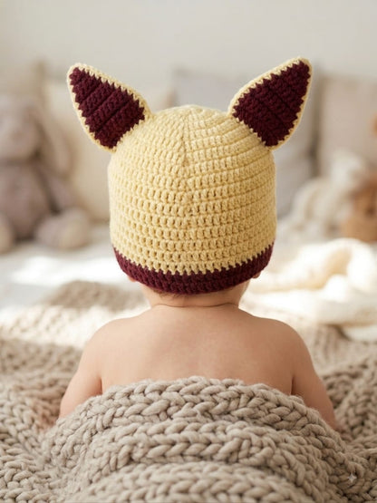 Handmade Crochet Animal Ear Baby Cap – Beige & Maroon