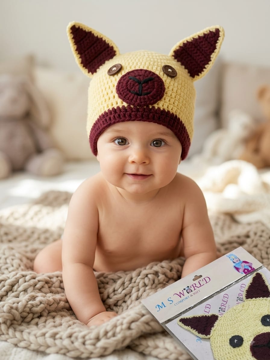 Handmade Crochet Animal Ear Baby Cap – Beige & Maroon