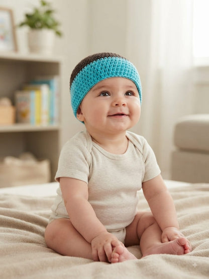 Handmade Crochet Baby Cap – Brown & Turquoise Woolen Beanie