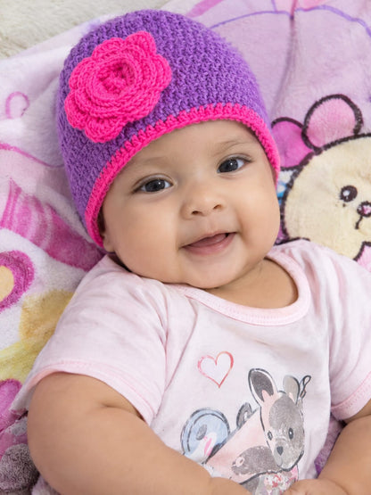 Handmade Crochet Woolen Baby Cap – Purple Knit with Pink Flower