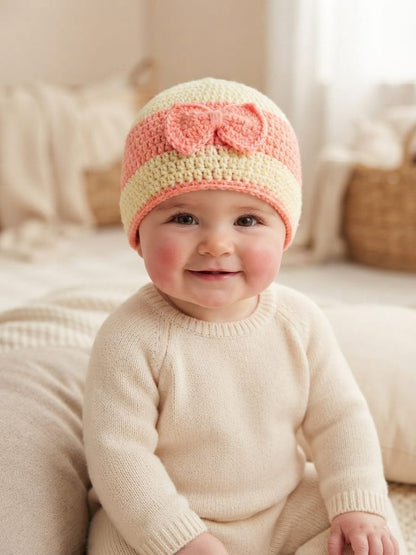 Handmade Striped Woolen Baby Cap with Cute Bow – Soft & Warm Winter Beanie for Newborns & Infants (Peach & Cream)