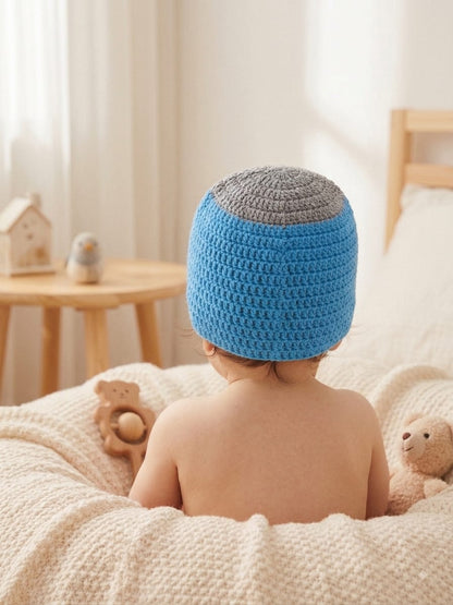 Handmade Crochet Woolen Baby Cap – Soft & Warm Winter Beanie for Newborns & Infants (Blue & Grey)