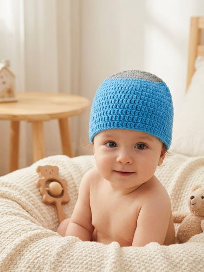 Handmade Crochet Woolen Baby Cap – Soft & Warm Winter Beanie for Newborns & Infants (Blue & Grey)