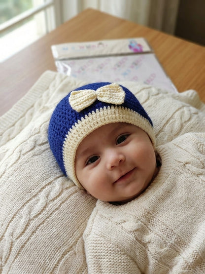 Handmade Woolen Baby Cap with Cute Bow | Soft & Warm Newborn Winter Beanie (Blue & Cream)