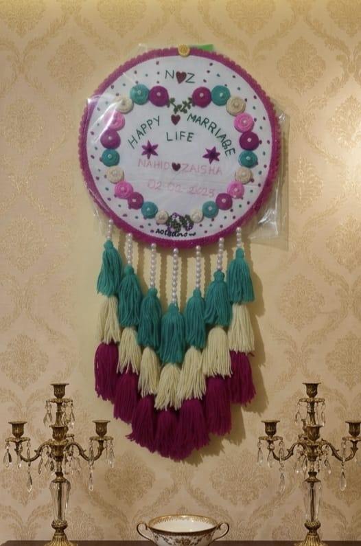 Handcrafted Woolen Embroidery Hoop Wall Hanging – Personalized Crochet Gift