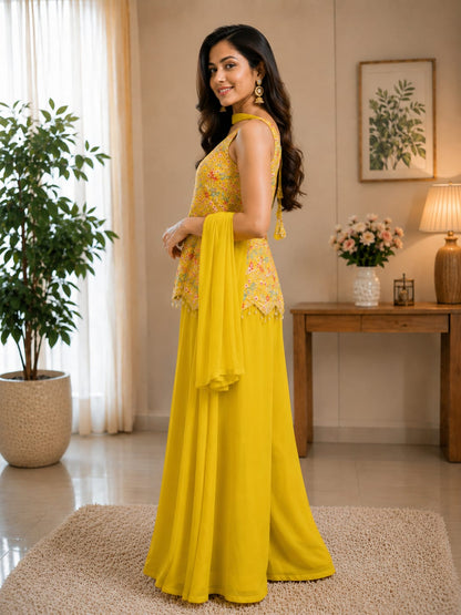 Sunshine Yellow 3-Piece Ethnic Set – Peplum Top, Palazzo & Dupatta