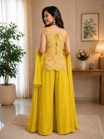 Sunshine Yellow 3-Piece Ethnic Set – Peplum Top, Palazzo & Dupatta