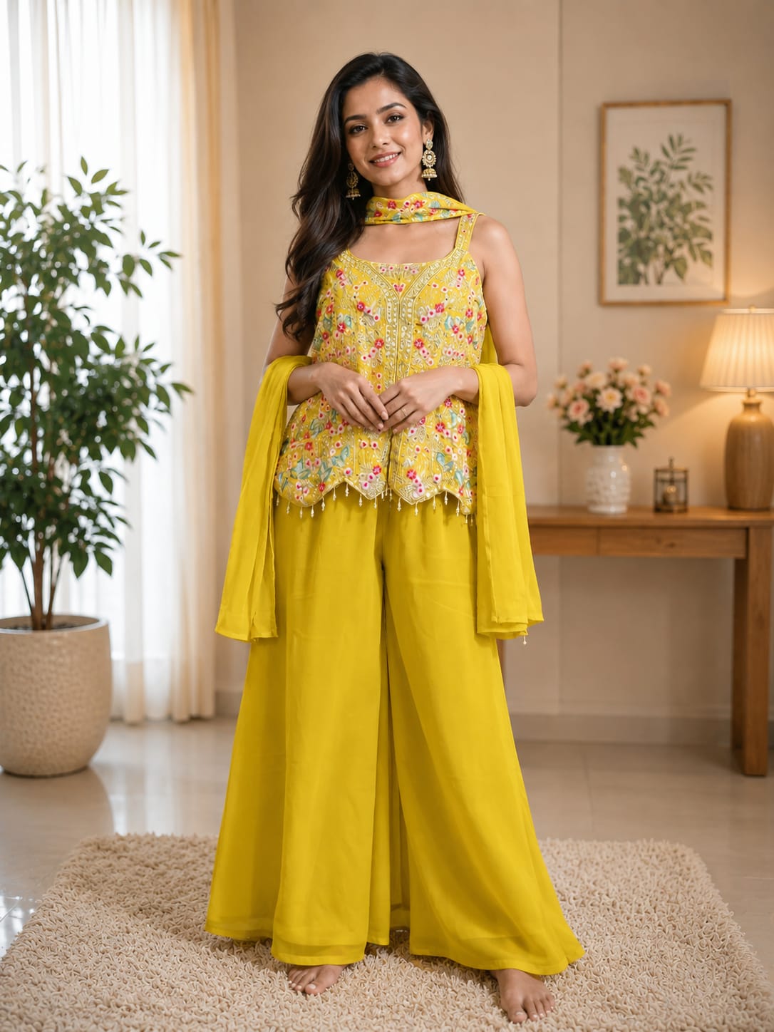 Sunshine Yellow 3-Piece Ethnic Set – Peplum Top, Palazzo & Dupatta