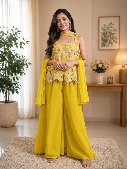Sunshine Yellow 3-Piece Ethnic Set – Peplum Top, Palazzo & Dupatta
