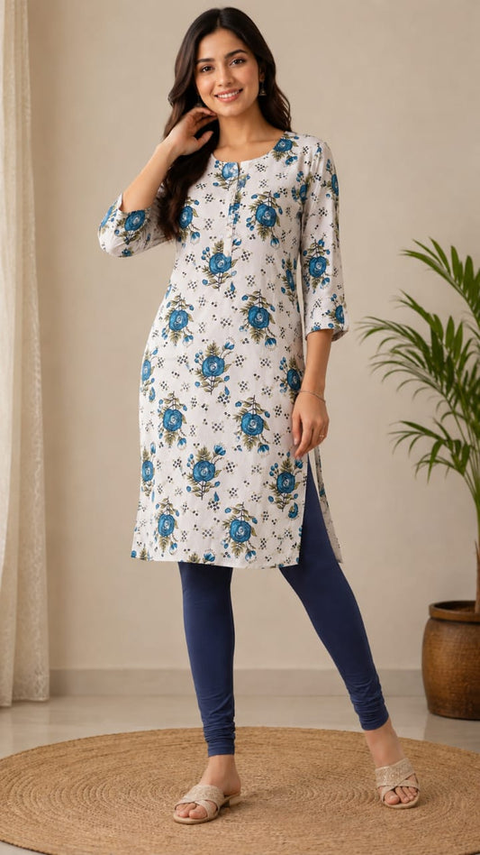 Women's Cream white & Blue Floral Block Printed Pure Cotton Straight Kurta ( Single piece Kurta)