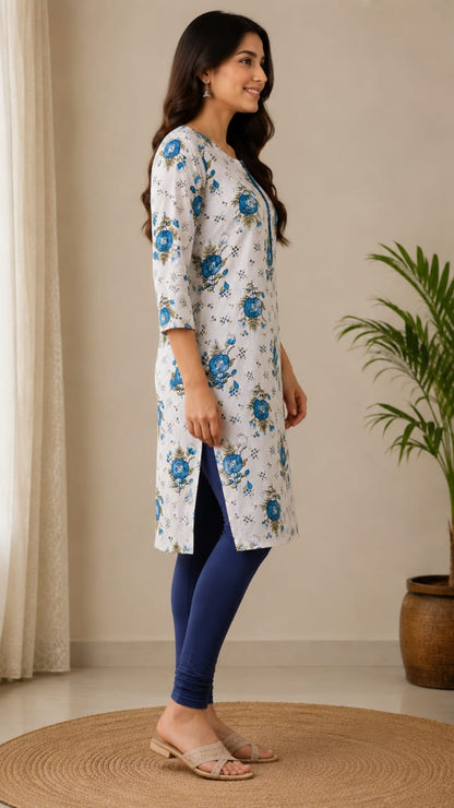 Women's Cream white & Blue Floral Block Printed Pure Cotton Straight Kurta ( Single piece Kurta)
