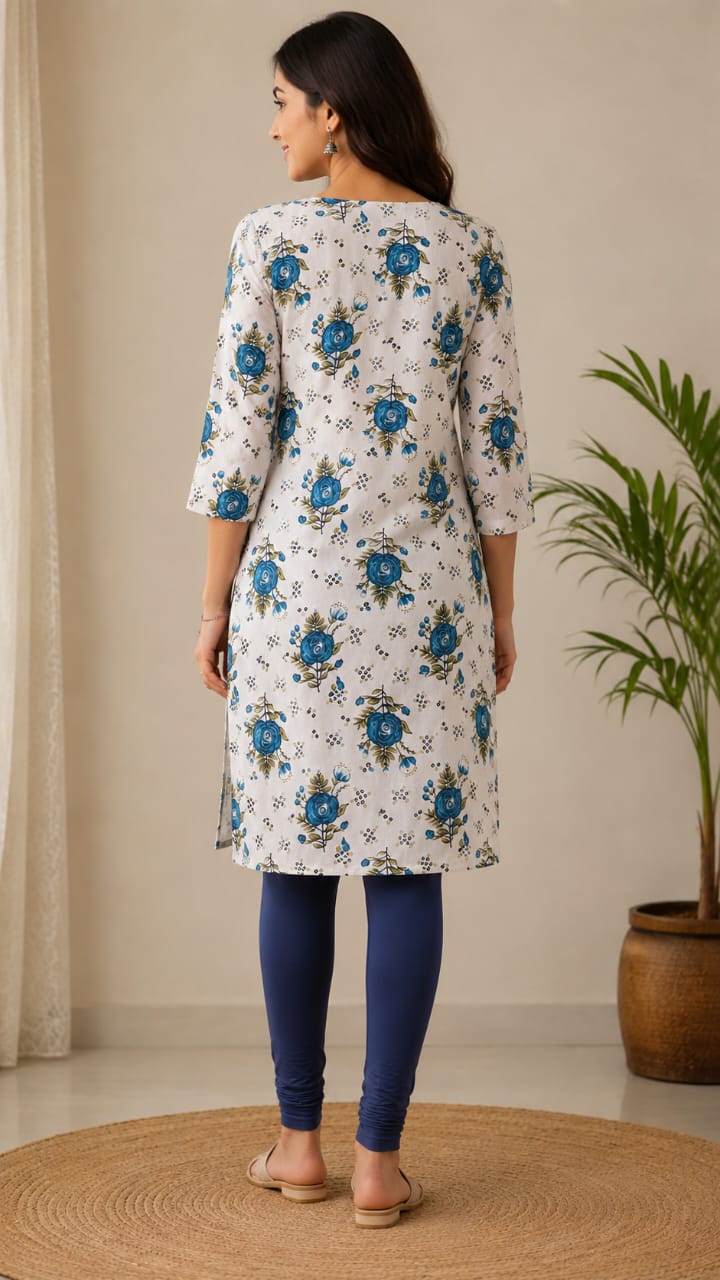 Women's Cream white & Blue Floral Block Printed Pure Cotton Straight Kurta ( Single piece Kurta)