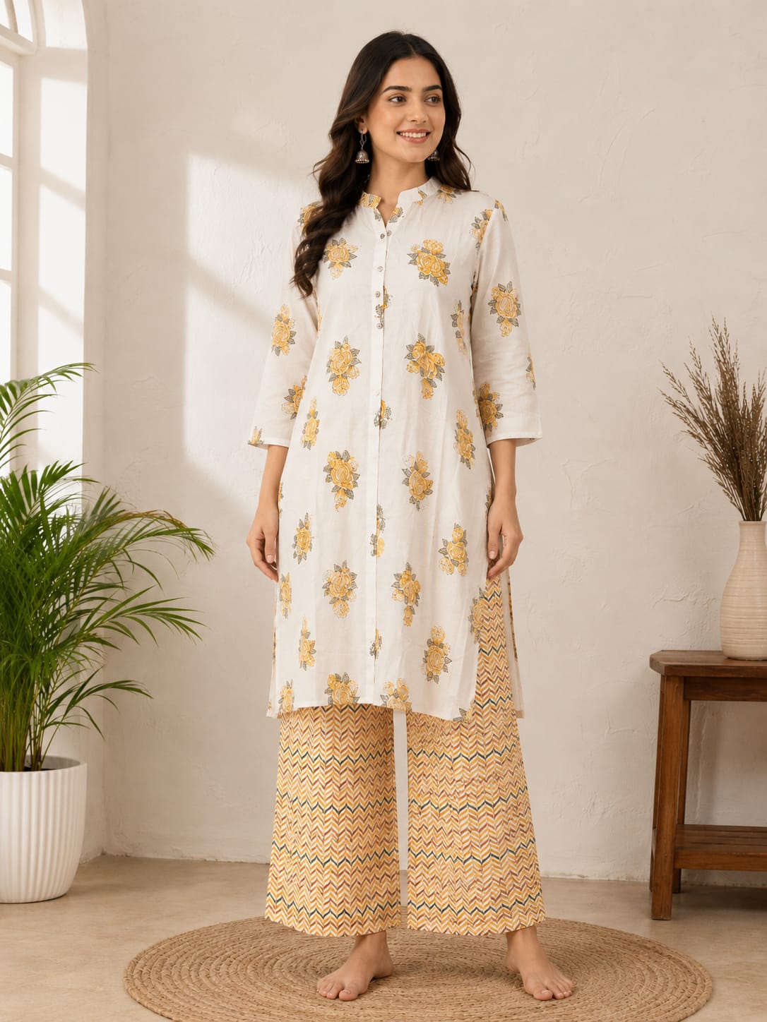 2-Piece Pure Cotton Co-ord Set – Floral Kurta & Palazzo Pants