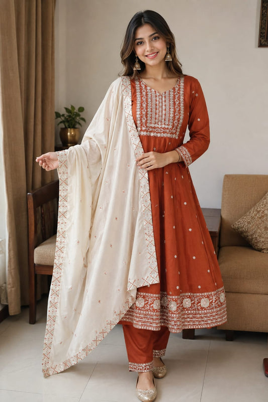 Rust Orange Anarkali Suit Set | Festive Ethnic Wear