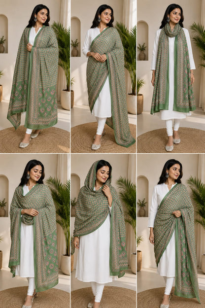 Sage Green Block Print Pure Cotton Dupatta