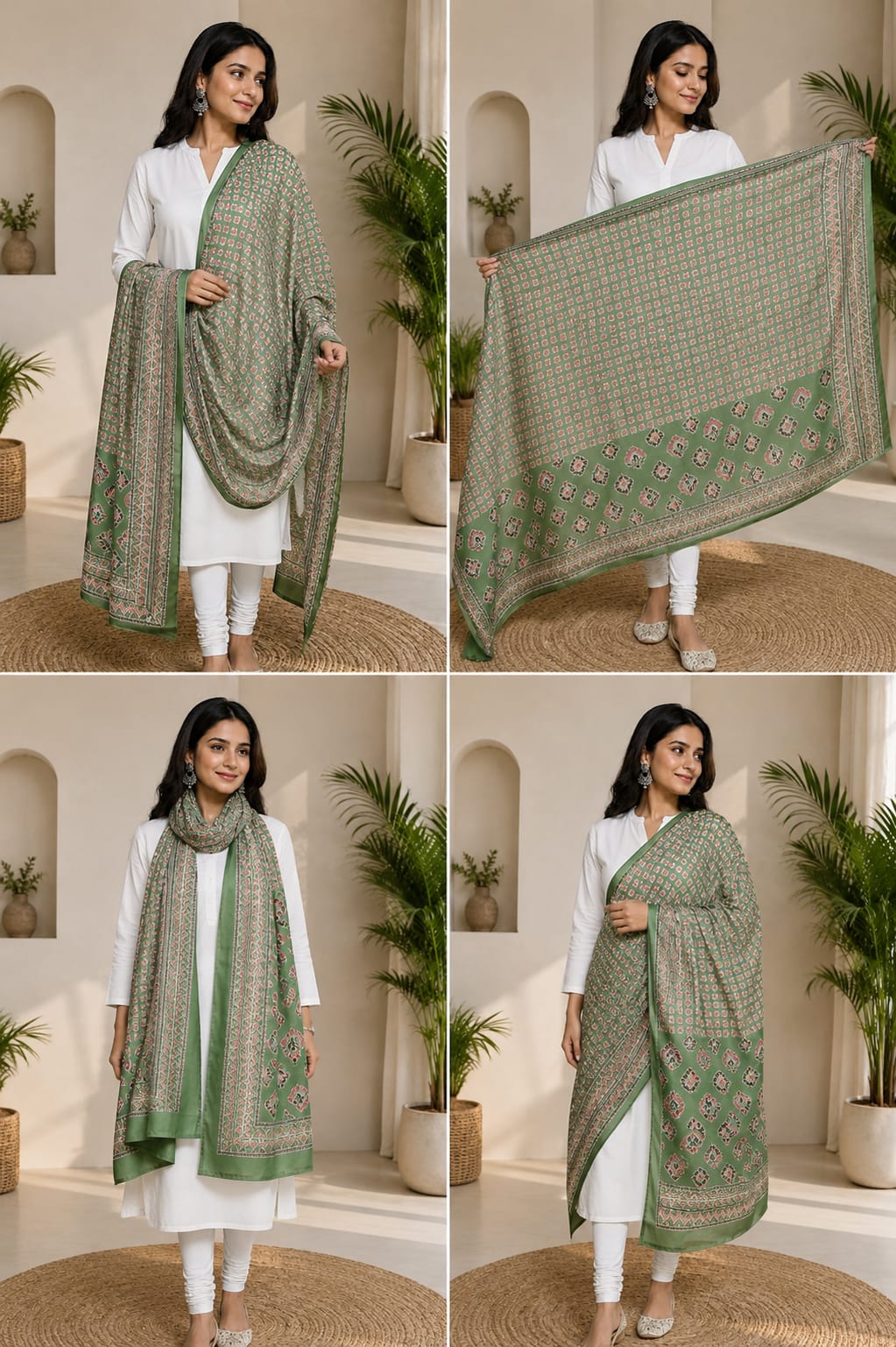 Sage Green Block Print Pure Cotton Dupatta