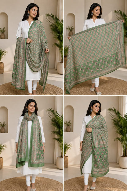 Sage Green Block Print Pure Cotton Dupatta