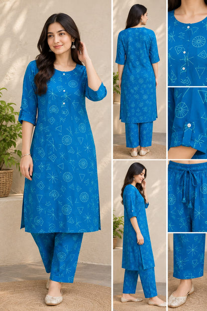 Title: Women's Blue Pure Cotton Geometric Printed Straight Kurta with Pant Set | Casual Daily Wear 2-Piece Ethnic Co-Ord Set