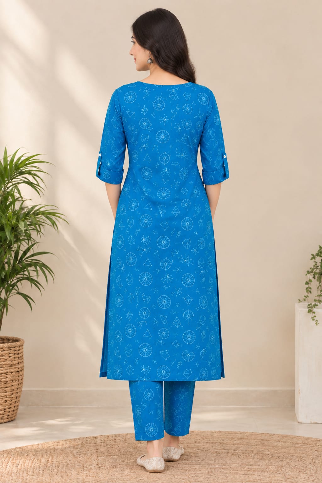 Title: Women's Blue Pure Cotton Geometric Printed Straight Kurta with Pant Set | Casual Daily Wear 2-Piece Ethnic Co-Ord Set
