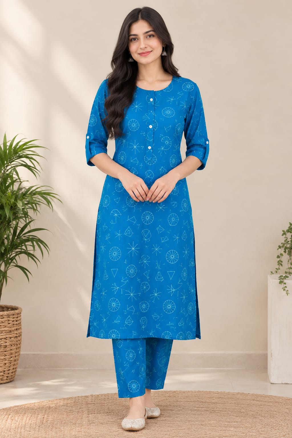 Title: Women's Blue Pure Cotton Geometric Printed Straight Kurta with Pant Set | Casual Daily Wear 2-Piece Ethnic Co-Ord Set