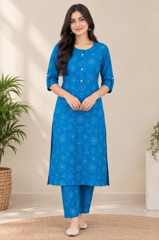 Title: Women's Blue Pure Cotton Geometric Printed Straight Kurta with Pant Set | Casual Daily Wear 2-Piece Ethnic Co-Ord Set