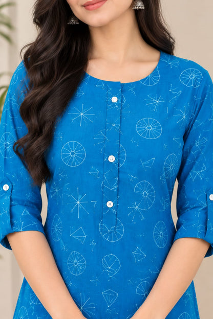Title: Women's Blue Pure Cotton Geometric Printed Straight Kurta with Pant Set | Casual Daily Wear 2-Piece Ethnic Co-Ord Set
